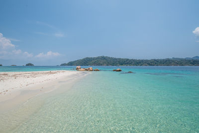 Scenic view of beach against blue sky