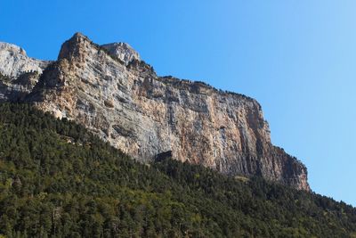 Low angle view of rock formation against clear blue sky