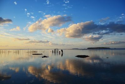 Reflection of clouds in sea at sunset
