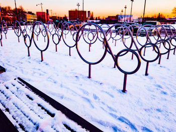 Close-up of snow covered city during winter