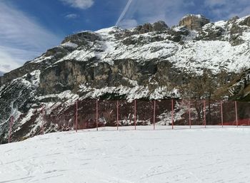 Trees on snow covered mountain against sky