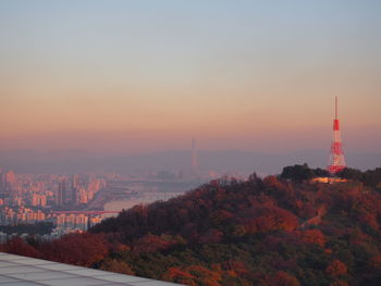 City buildings against sky during sunset
