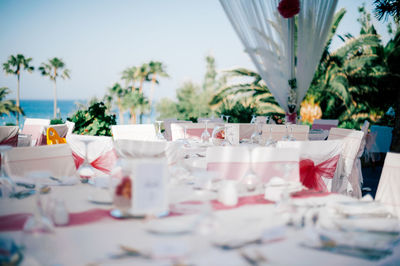 Decorated tables at wedding ceremony