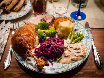 Close-up of food served on table