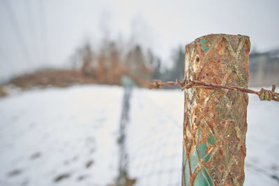 Close-up of rusty chain on wooden post against sky during winter