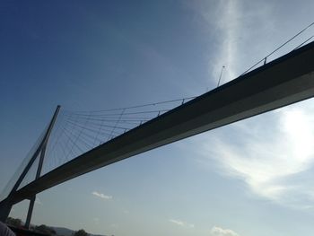 Low angle view of suspension bridge against sky