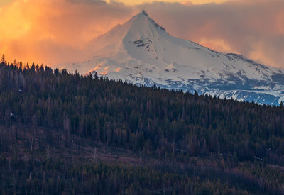 Scenic view of snowcapped mountains against sky during sunset