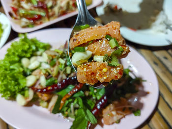 High angle view of food in plate