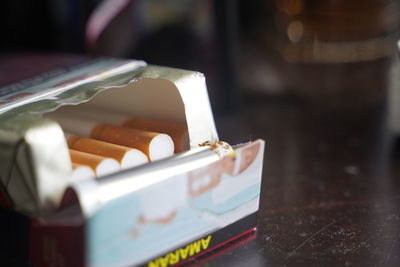 Close-up of cake in box on table