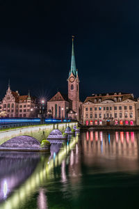 Reflection of illuminated buildings in city at night