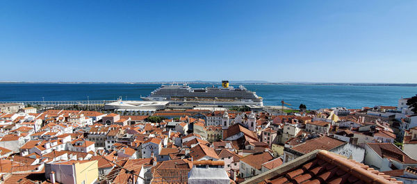 High angle view of townscape against sea