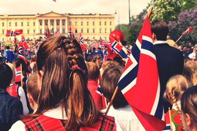 High angle view of people on table