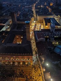 High angle view of illuminated buildings at night