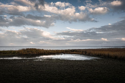 Scenic view of lake against sky during sunset