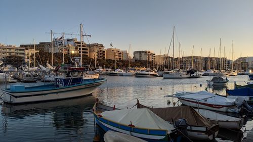 Boats in harbor at sunset