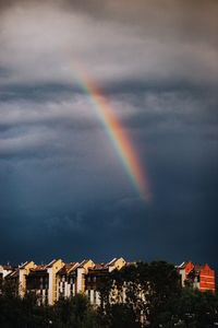 Rainbow over buildings in city