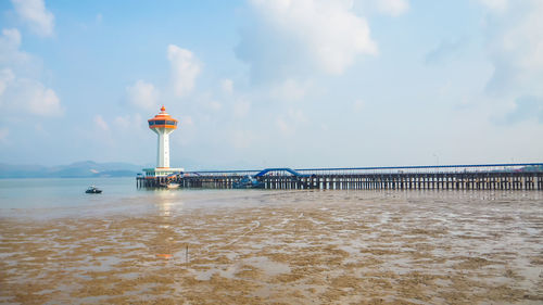 Lighthouse by sea against sky
