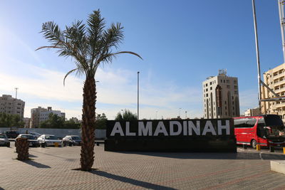 Road sign by palm trees against sky in city