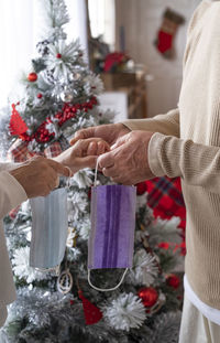 Midsection of woman holding christmas tree