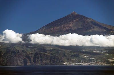 Calm lake against rocky peak