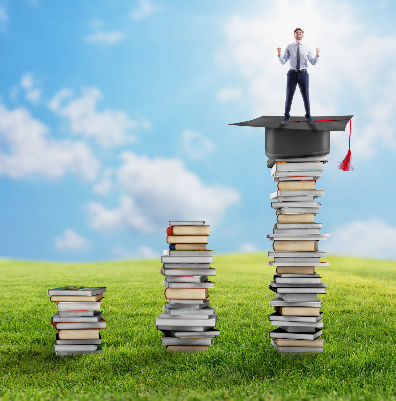 STACK OF MAN STANDING ON FIELD AGAINST CLOUDY SKY