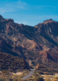 High angle view of road amidst mountains against sky