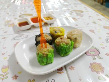 High angle view of food in plate on table