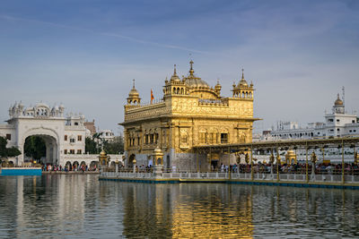 Evening view of the golden temple in amritsar, punjab, india with beautiful blue sky. 