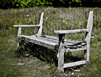 Wooden bench on grassy field