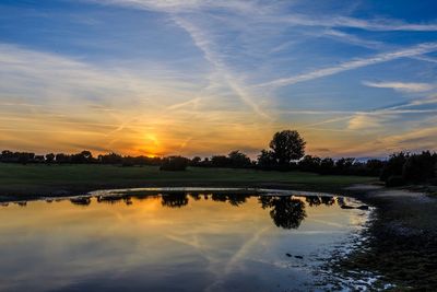 Scenic view of lake against sky during sunset