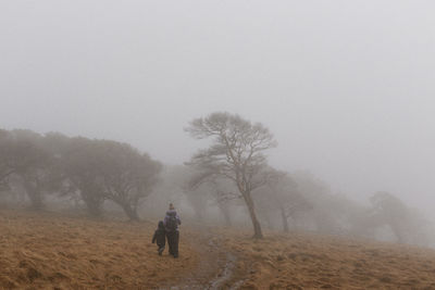 Rear view of woman with child walking on field during foggy weather