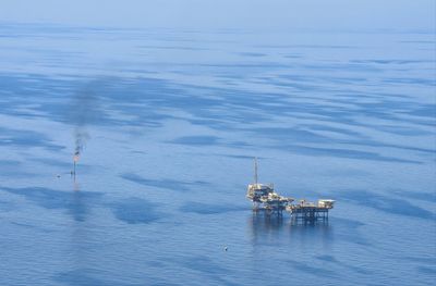 High angle view of ship in sea against sky