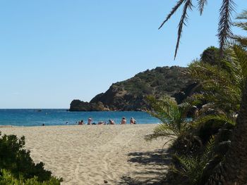 People on beach against clear blue sky