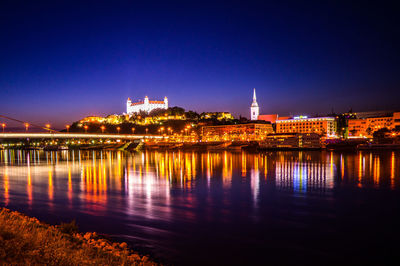 Reflection of illuminated buildings in water