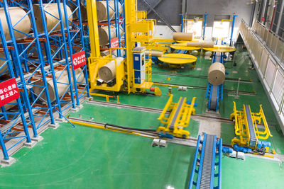 High angle view of machinery in factory