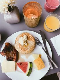 High angle view of breakfast served on table