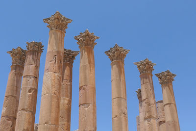 Low angle view of temple against clear blue sky