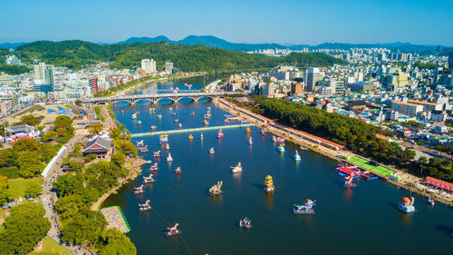 High angle view of city buildings