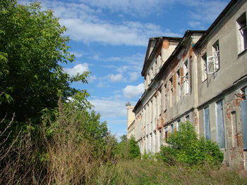Low angle view of trees and building against sky