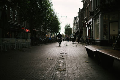 People walking on road along buildings