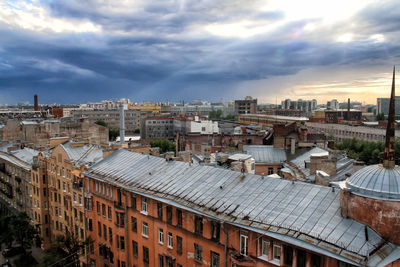 High angle shot of townscape against sky