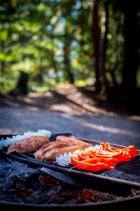 Vegetables and chicken meat on barbeque grill