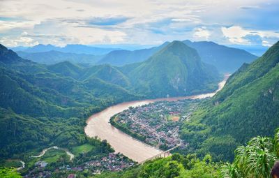 High angle view of mountains against sky