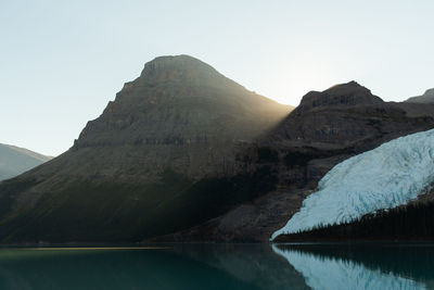 Scenic view of lake and mountains against clear sky