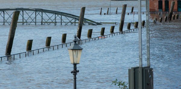 Wooden posts in sea