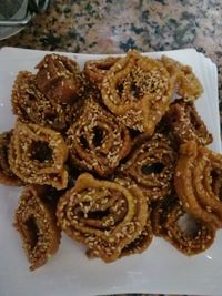 High angle view of cookies in plate