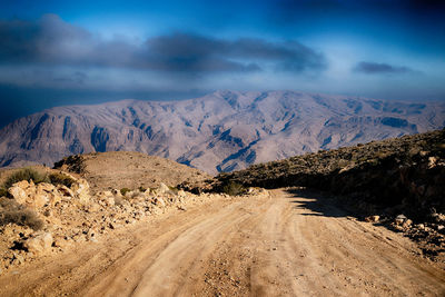 Dirt road amidst mountains against sky