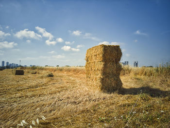 Hay bales on field against sky