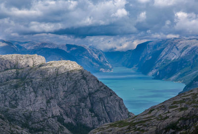 Scenic view of sea and mountains against sky