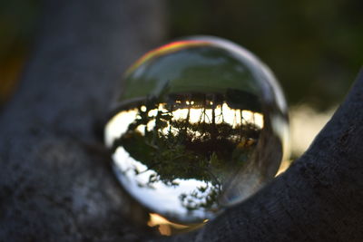 High angle view of crystal ball on glass